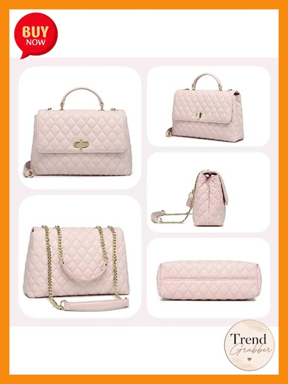 Quilted Vegan Leather Crossbody Bag with Flap Gold Hardware Chain Strap